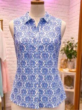 Talbots White Sleeveless Top with Blue Medallion Print
